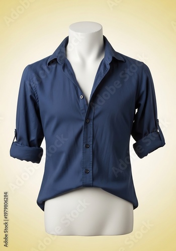 紺色のシャツ、マニキンが示す美しいシルエット