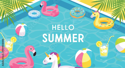 Summer pool, inflatable toys, flamingos, unicorns, tropical vacation