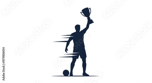 Soccer player celebrating with trophy.