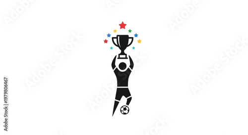 Soccer player celebrating with trophy.