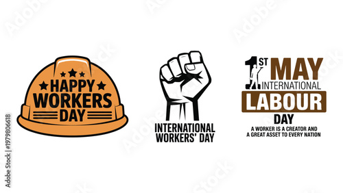 International Workers Day labour celebration emblems and logos with symbolic graphics and slogans combined