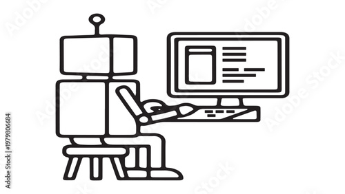 Artificial Intelligence robot working on a computer and programming software.