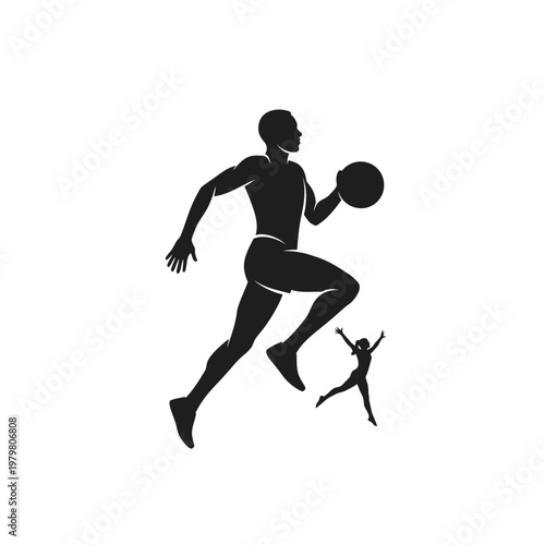 Silhouette of a basketball player dribbling with a small figure jumping in the background