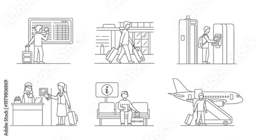 Airport, travel, icons, 6 travel-related illustrations, vector graphics, airport scenes, transportation