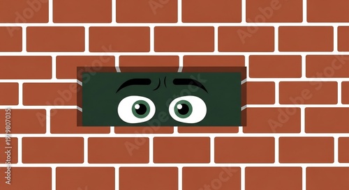 レンガの壁から覗く緑色のブロックのイラスト