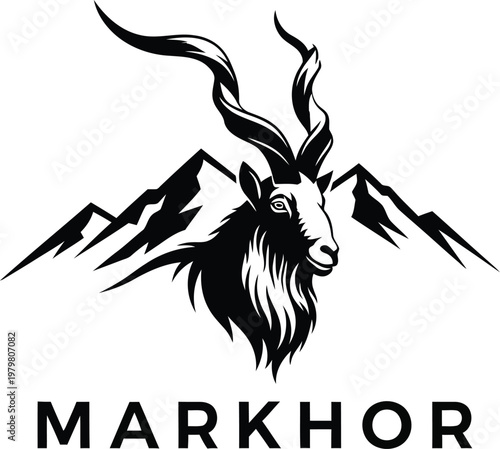A stylized illustration of a Markhor goat's head with majestic horns set against a mountainous landscape