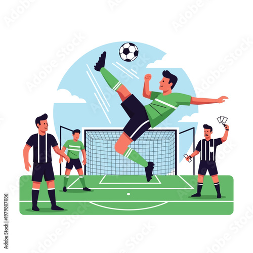 Soccer player performing bicycle kick goal, football match, team sport illustration