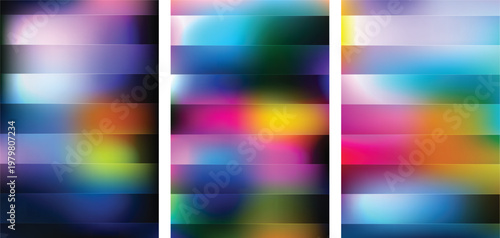 Collection of fifteen horizontal rectangular banners with vibrant blurred color gradients featuring transitions of pink blue yellow green and purple hues on dark and light backgrounds