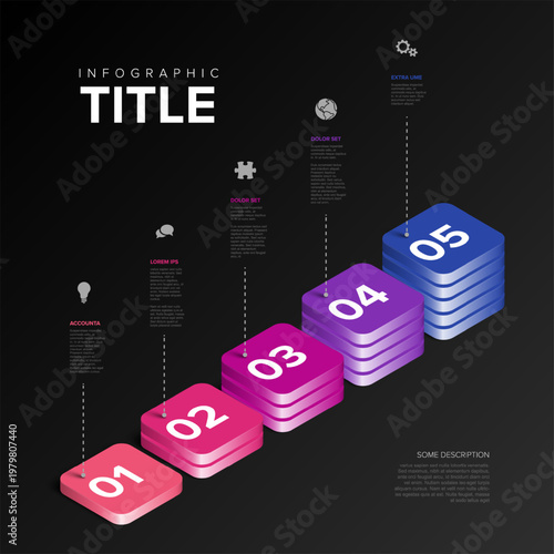This infographic template features an isometric bar chart with 5 levels for business data. Use this infographic template to present steps and bar chart data in a modern presentation.