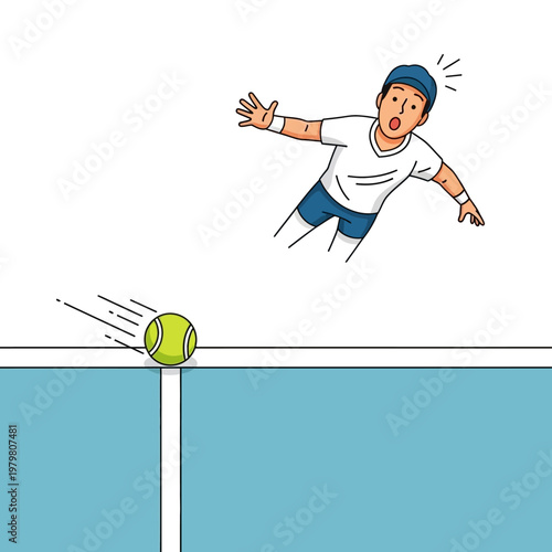 Tennis player surprised by fast ball on court, sports illustration