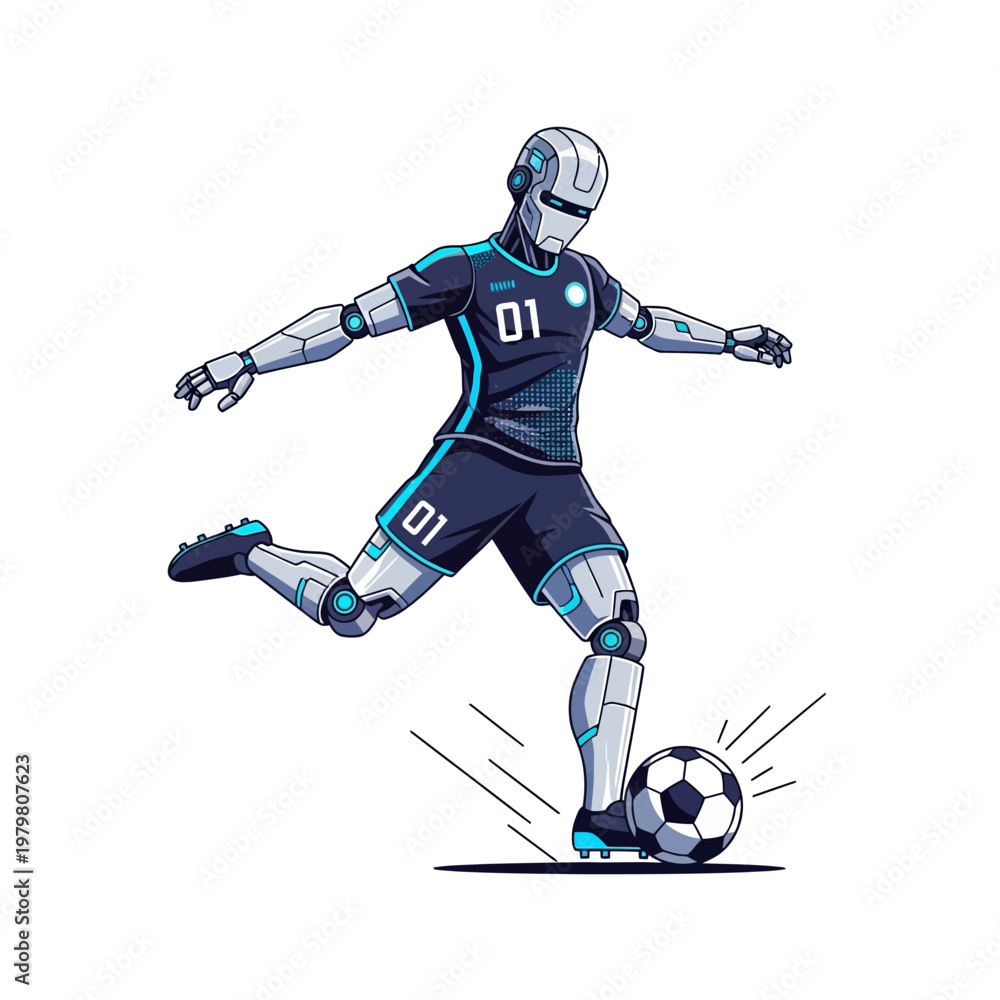 Fototapeta premium Futuristic Robot Soccer Player Kicking Ball, AI Sports Concept, Technology