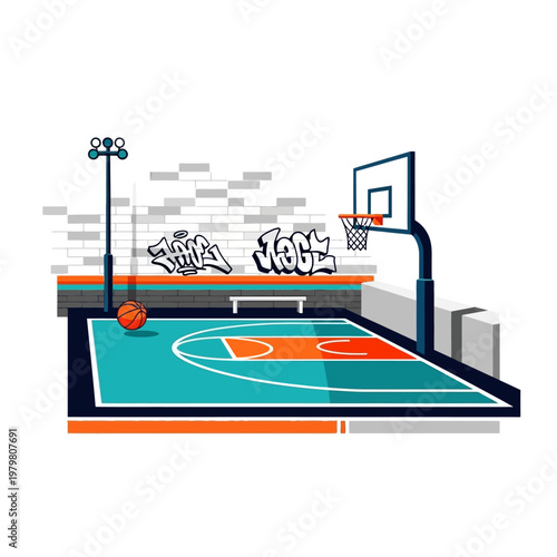 Urban basketball court with graffiti, hoop, and ball