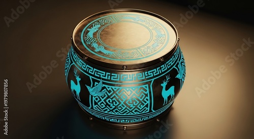 光る模様の入れ物、幾何学的なデザインが特徴