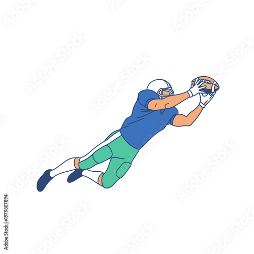 American football player diving to catch ball, athletic action, sports illustration