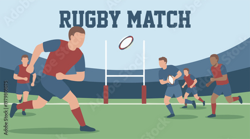 Rugby match illustration with players running on a green field