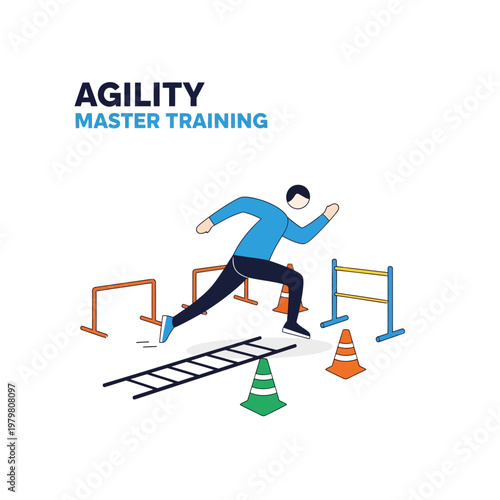 Man doing agility training with hurdles, cones, and ladder