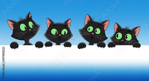黒猫たちが青い背景に並んで魚を見つめる