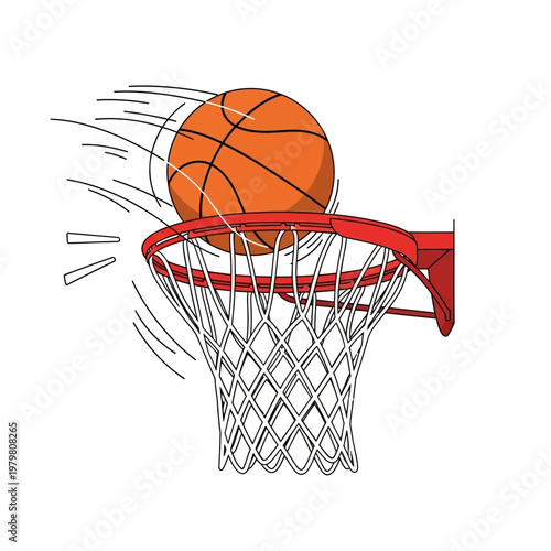 Basketball going through hoop, motion lines, sport, isolated on white background