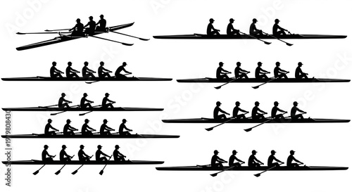 Collection of rowing boat silhouettes with varying team sizes in black and white silhouette competition paddling exercise sculling teamwork