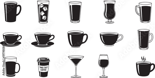 Various types of coffee and drink cups illustration set