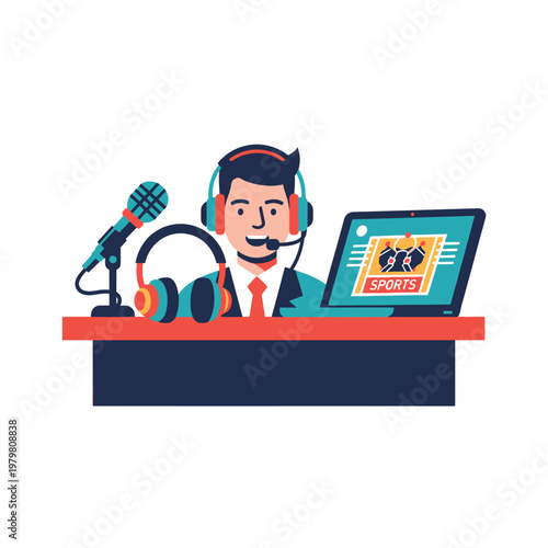 Sports Commentator with Microphone, Headphones, and Laptop at Desk