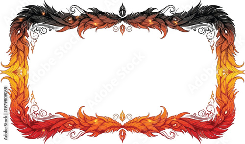 A vibrant phoenix frame with fiery feathers and intricate designs on a white background