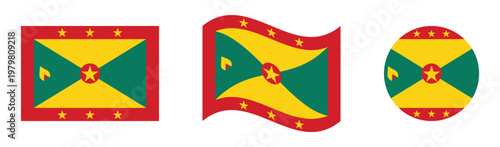 Grenada flag vector set with rectangle, waving, and circular shapes isolated on white.