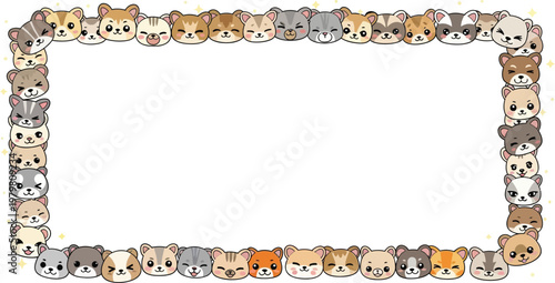 A colorful illustration of a frame made up of various cartoon animal faces on a white background