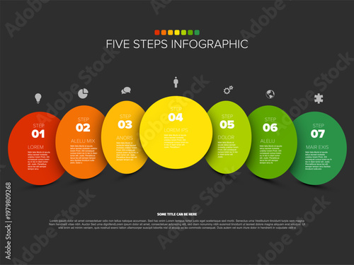 Five steps infographic template with colorful circles, business steps, and icons. Five steps infographic is ideal for presentations, banners, and business steps concepts.