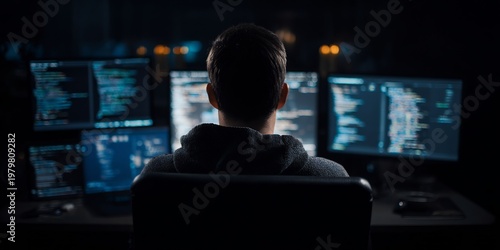 Rear wide over shoulder view of programmer sitting desk surrounded screen displaying code deep perspective behind dark or softly lit workspace camera behind subject no face visible modern tech