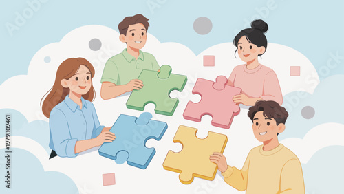 Four people assembling colorful puzzle pieces