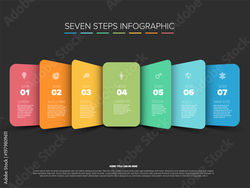 This professional infographic template features seven steps for business processes. Use this infographic to visualize your strategy or seven steps plan on a dark background.