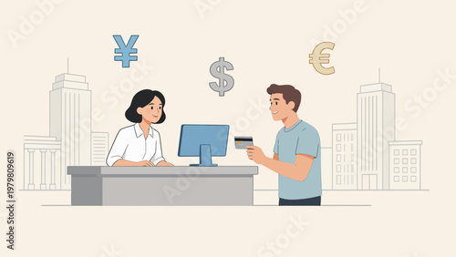 Person at counter with currency symbols