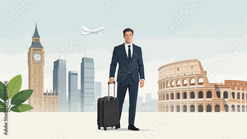 Businessman with suitcase near landmarks
