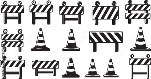 Road construction signs and barriers icons set in black