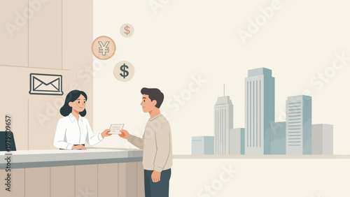 Man and woman exchanging document at counter