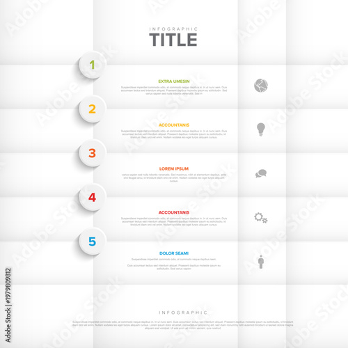Clean white infographic template featuring five progressive steps for business data visualization. Each step of the infographic and diagram includes colorful numbers and icons.