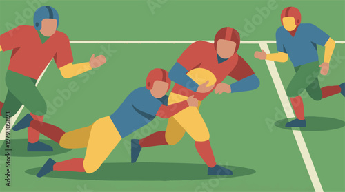 Minimalist illustration of rugby players tackling on a green field