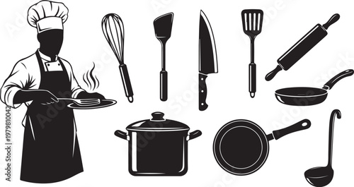 Chef with kitchen utensils and cooking tools illustration