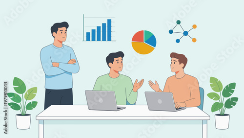 Three men in office discussion with data charts