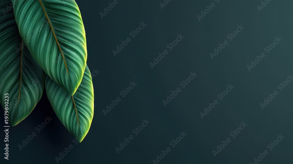 Fototapeta premium Lush Green Leaves on Dark Background for Nature and Organic Designs, Evoking Calmness and Freshness in Interior or Graphic Projects