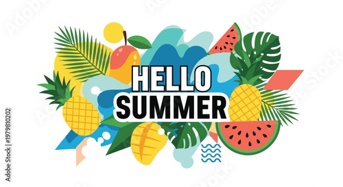 Summer, hello summer, colorful summer icons, fruit icons, tropical icons