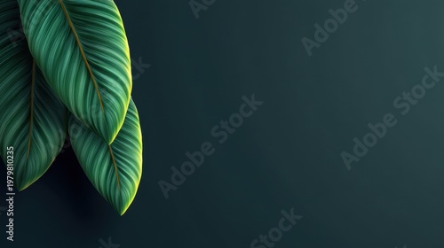 Lush Green Leaves on Dark Background for Nature and Organic Designs, Evoking Calmness and Freshness in Interior or Graphic Projects