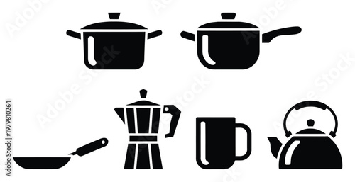 Collection of kitchenware pots, pans, coffee maker, mug, and kettle