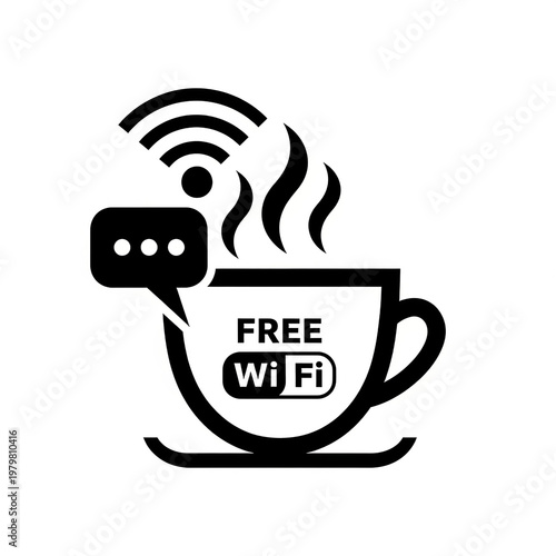 Free wi-fi access symbol on a steaming coffee cup icon with internet connection wireless technology communication beverage steaming illustration