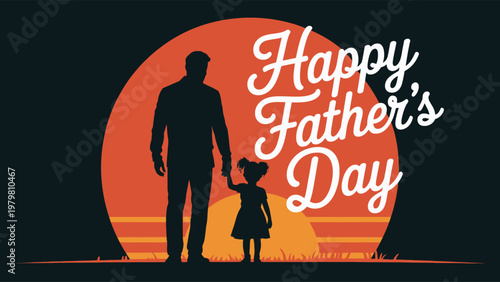 Father and little girl holding hands in front of orange sunset  happy fathers day