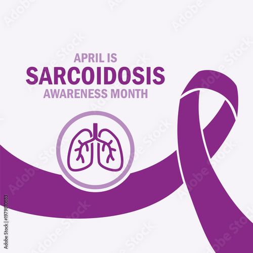 April is Sarcoidosis Awareness Month poster vector illustration. Purple awareness ribbon and human lungs icon vector. Template for background, banner, card. Important day