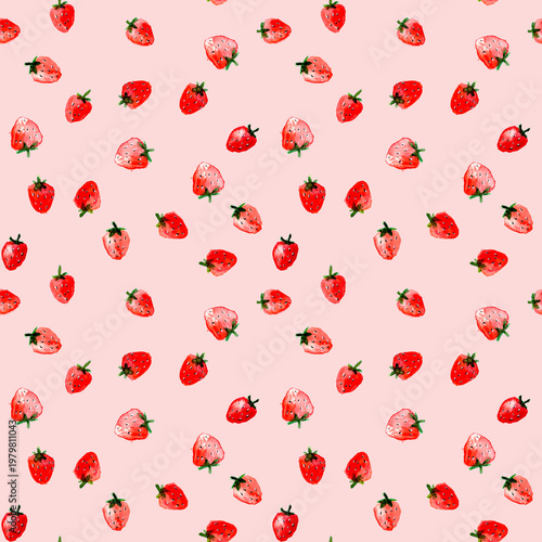 Pattern con fragoline ad acquerello su sfondo rosa, illustrazione per uso tessile, sfondi, imballaggio