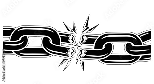 Black and white illustration of a metal chain breaking apart with a starburst effect.