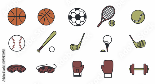 A collection of various sports equipment icons including basketballs, soccer ball, tennis gear, baseball items, golf clubs, swimming goggles, boxing gloves, and a dumbbell.